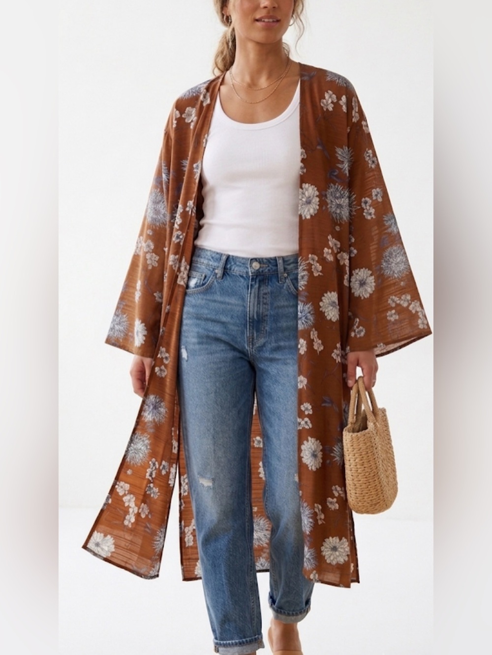 Mono B Floral Open Front Duster Kimono - Rust Brown Boho Maxi Cardigan M/L